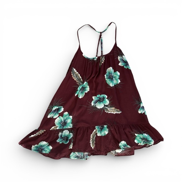 Volcom Dresses & Skirts - Volcom Burgundy Dress with Teal Tropical Floral Flowers Size Small Beach Luau